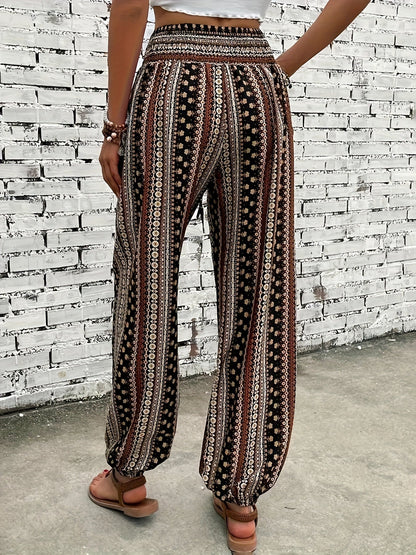 Boho Högmidjade Dambyxor med tryck och smockad midja – Linara
