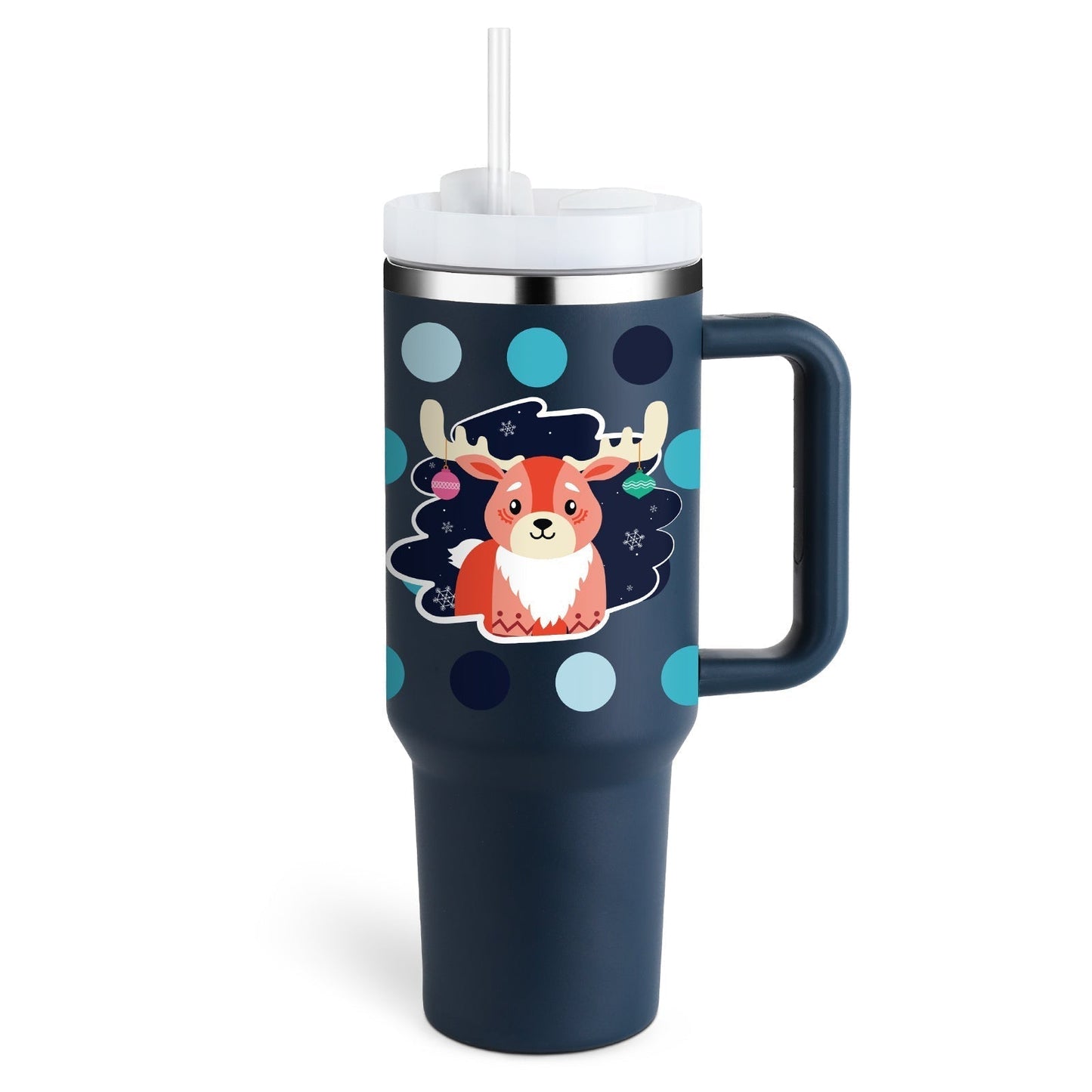 Dunkelblauer Thermobecher mit Rentiermotiv, Strohhalm, Punkte, isoliert, 40 oz, Kunststoff.