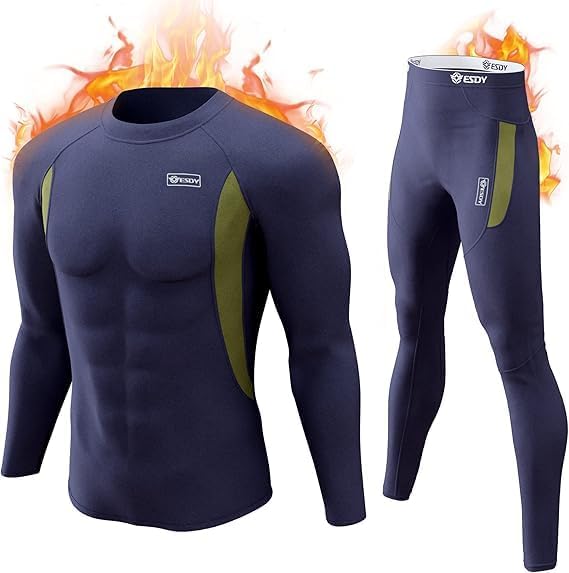 Dunkelblaues Thermo-Unterwäsche-Set für Herren, langärmelig, atmungsaktiv, sportlich.