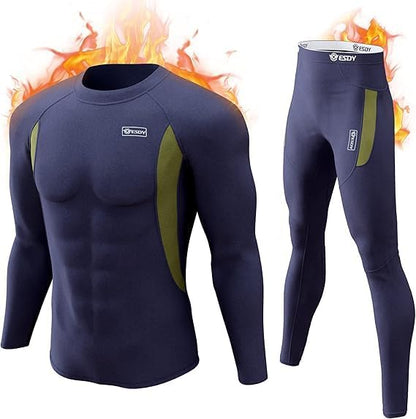 Dunkelblaues Thermo-Unterwäsche-Set für Herren, langärmelig, atmungsaktiv, sportlich.