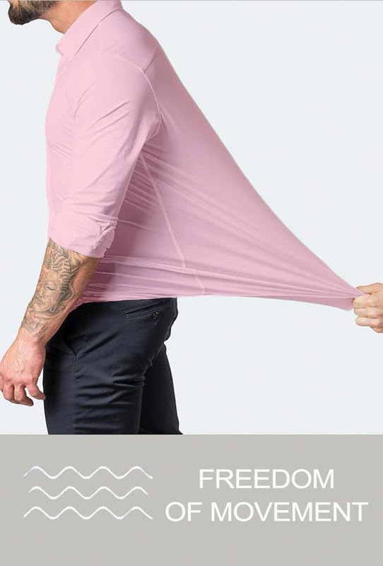 Mann in rosa Stretchhemd, Bewegungsfreiheit, elegante Herrenmode, langärmeliges Hemd.