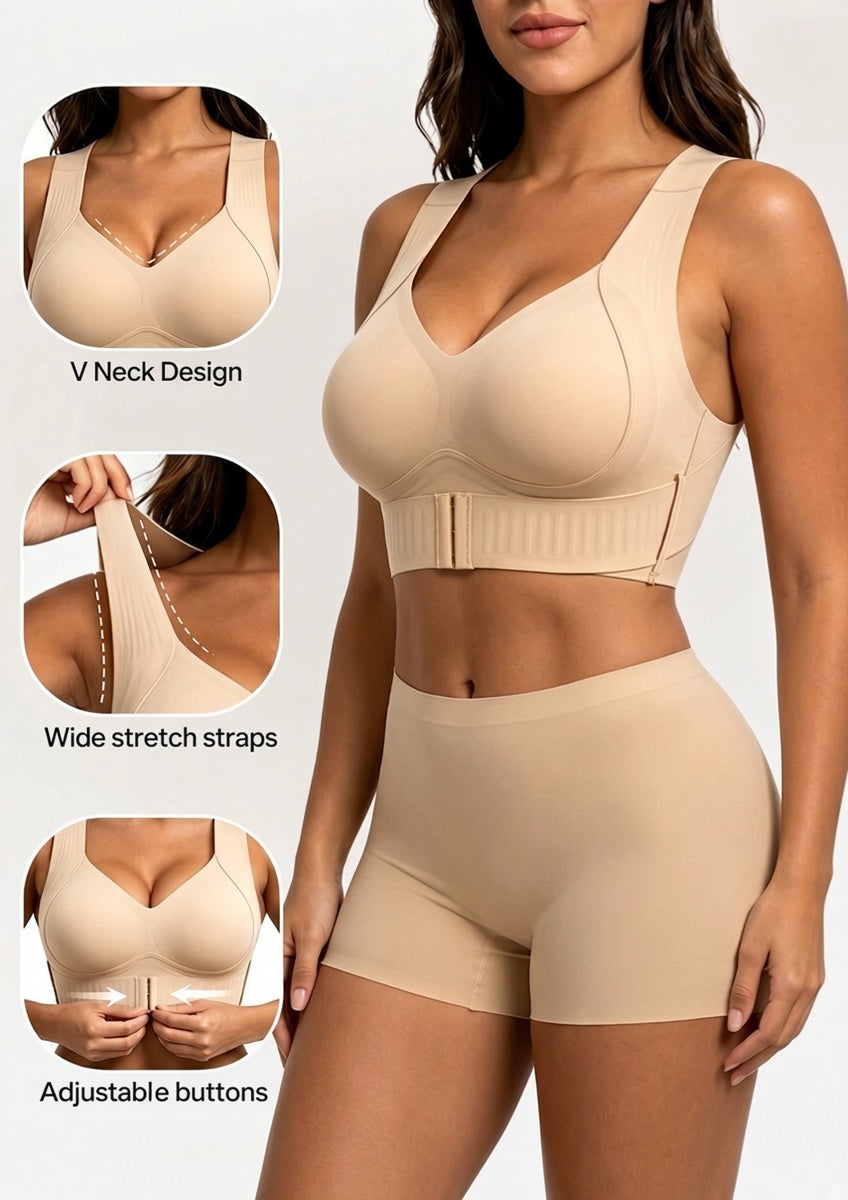 Beige bh med matchande shorts och tre inzoomade detaljer: v-ringning, breda stretchiga axelband och justerbara hakar framtill. 6