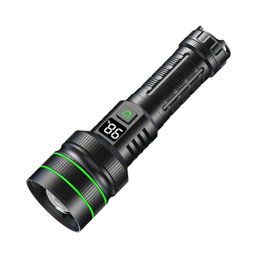 Schwarze LED-Taschenlampe mit digitalem Display, wiederaufladbar, robustes Design.