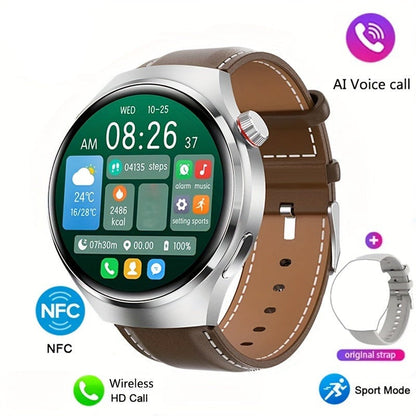 Smartwatch mit braunem Lederarmband, NFC, AI-Sprachsteuerung, Sportmodus, kabellosem HD-Anruf.