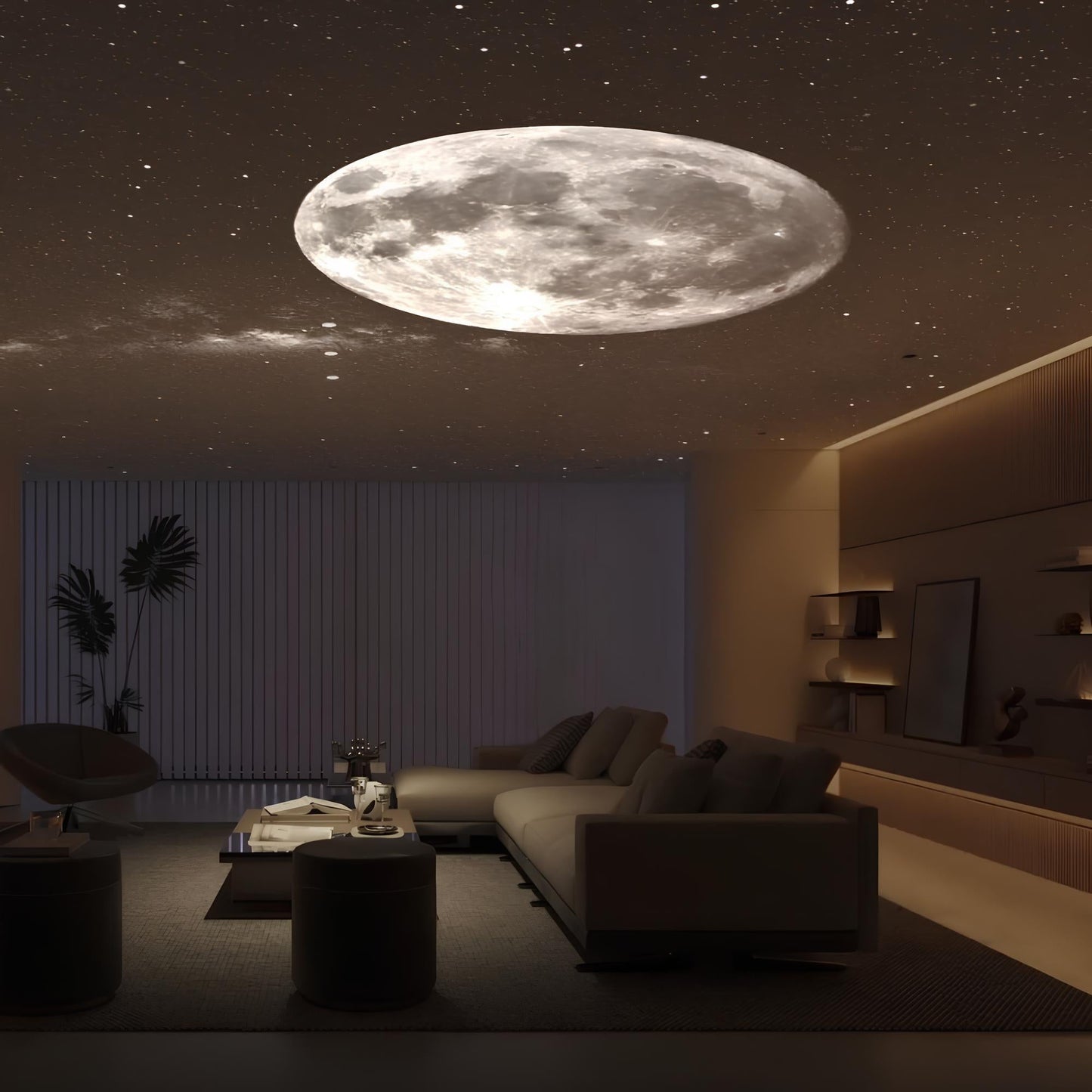 Mondlicht-Deckenleuchte im Wohnzimmer, moderne Einrichtung, stimmungsvolle Beleuchtung, Nacht.