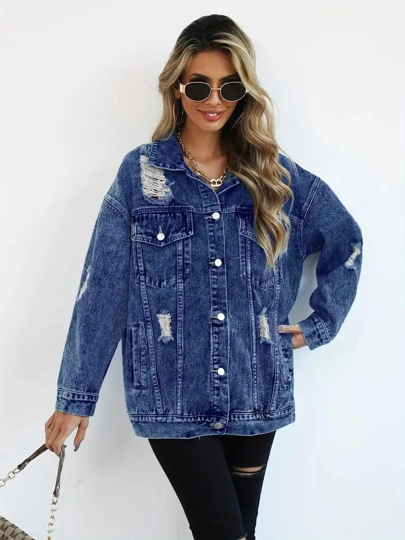 Vattentålig & Fodrad Oversized Dam Jeansjacka med Huva – Höstunderverk Talia