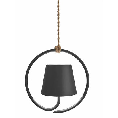 Schwarze Hängelampe aus Metall mit rundem Rahmen, modernes Design, Seilaufhängung.