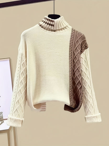 Beige Rollkragenpullover mit Zopfmuster, Strick, Damenmode, Herbst-Winter, elegant, warm.