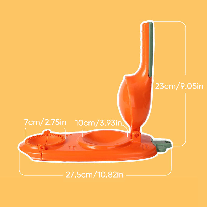Orangefarbener manueller Gemüseschneider aus Kunststoff, kompakt, mit Griff und Messern.