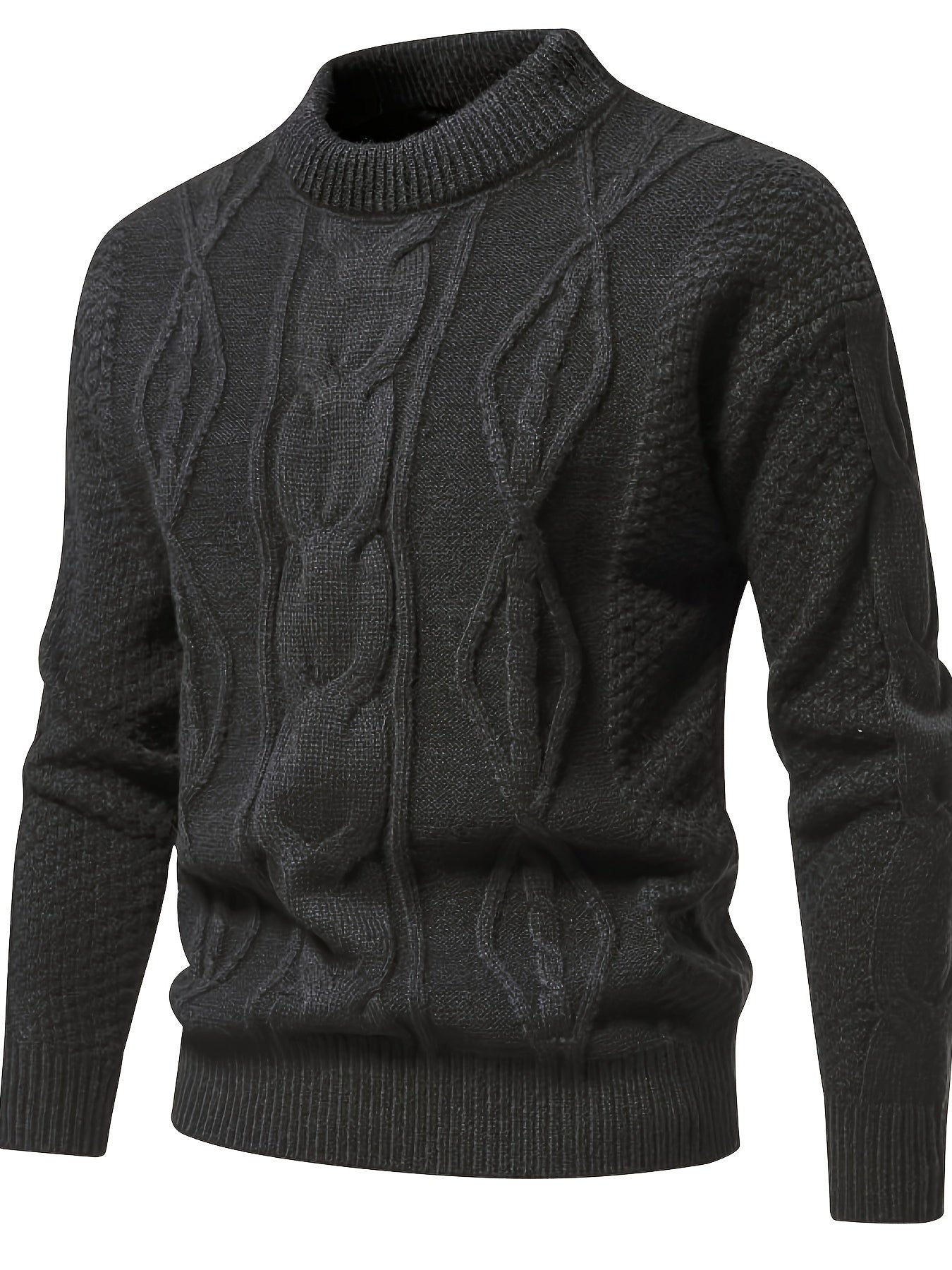 Dunkelgrauer Strickpullover, Zopfmuster, Herrenmode, warm, elegant, Winterkleidung.