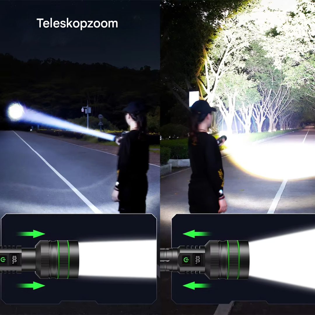 Leistungsstarke LED-Taschenlampe mit Teleskopzoom, Nachtbeleuchtung, schwarz, Outdoor-Einsatz.