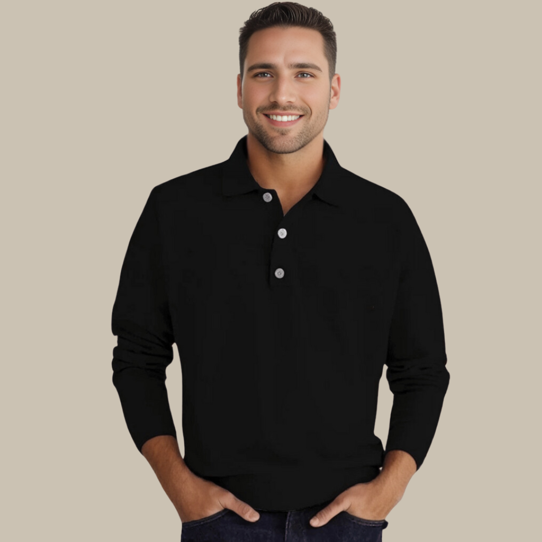 Schwarzes Herren-Poloshirt, langärmelig, klassisches Design, Baumwolle, Freizeitmode.