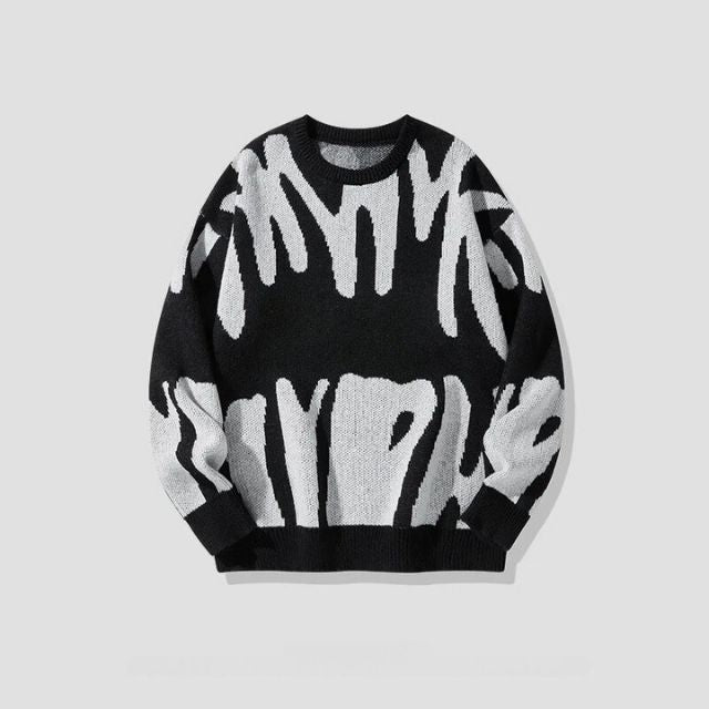 Schwarzer Pullover mit weißem abstraktem Muster, Unisex, Baumwolle, modisch, Herbstmode.