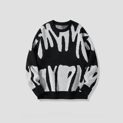 Schwarzer Pullover mit weißem abstraktem Muster, Unisex, Baumwolle, modisch, Herbstmode.