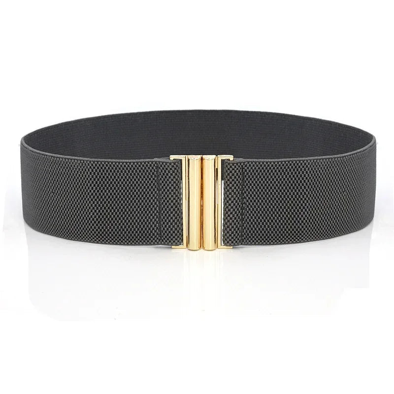 Schwarzer elastischer Gürtel mit goldener Schnalle, modisches Accessoire für Damen.