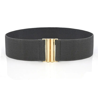 Schwarzer elastischer Gürtel mit goldener Schnalle, modisches Accessoire für Damen.