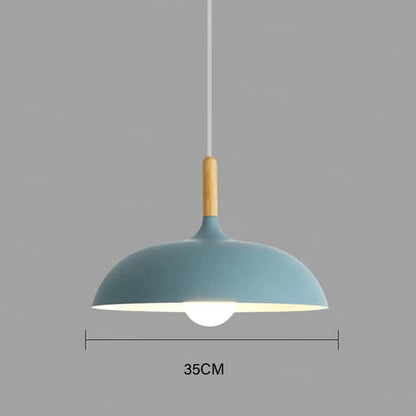 Blaue Pendelleuchte, 35 cm, Holzgriff, modernes Design, Innenbeleuchtung, skandinavischer Stil.