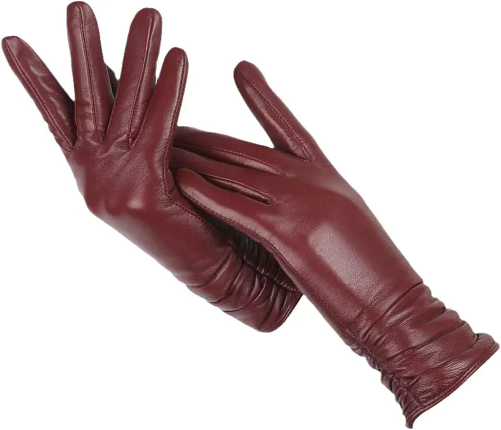 Damenhandschuhe aus rotem Leder, elegant, warm, modisch, Winteraccessoire, hochwertig.
