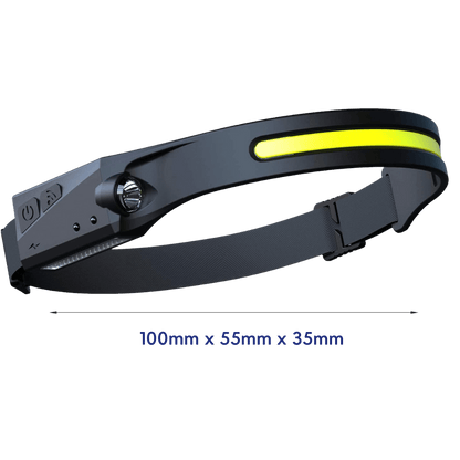 Schwarze LED-Stirnlampe mit verstellbarem Band, USB-Anschluss, 100x55x35mm.