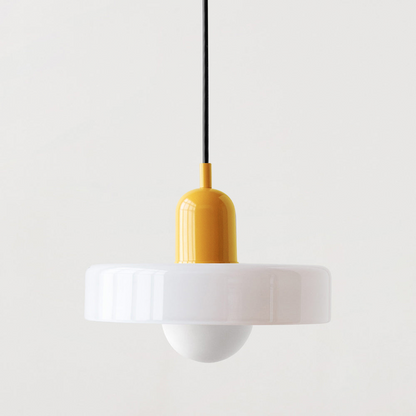 Moderne Hängelampe, gelb-weiß, Glas, minimalistisches Design, Innenbeleuchtung, Wohnzimmer.
