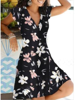 Schwarzes Sommerkleid mit Blumenmuster, V-Ausschnitt, kurze Ärmel, Damenmode, Freizeitkleidung.