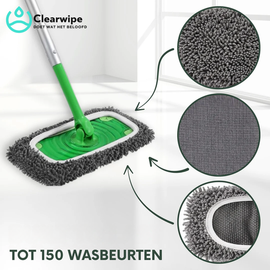 Grå moppduk på en grön mopp, med tre cirkelförstoringar som visar det luddiga chenille-garnet, det tätare mikrofibertyget och kanten. 2