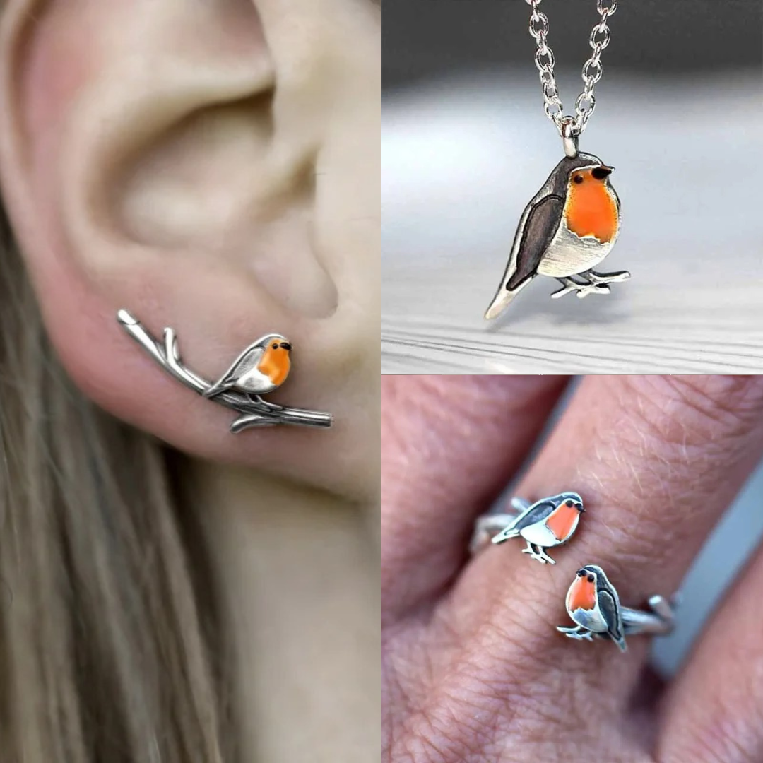 Silberne Rotkehlchen-Schmuckset: Ohrringe, Halskette, Ring, handgefertigt, Vogel-Design.