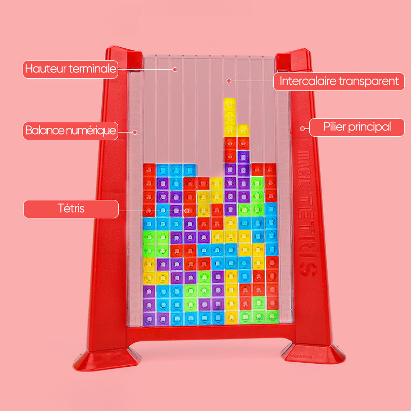 Rotes Tetris-Spielzeug mit transparentem Einsatz, bunte Blöcke, Lernspiel für Kinder.
