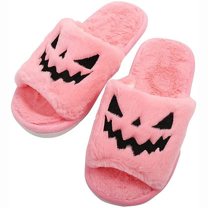 Rosa Plüsch-Hausschuhe mit Halloween-Kürbisgesicht, Damen, gemütlich, rutschfest.