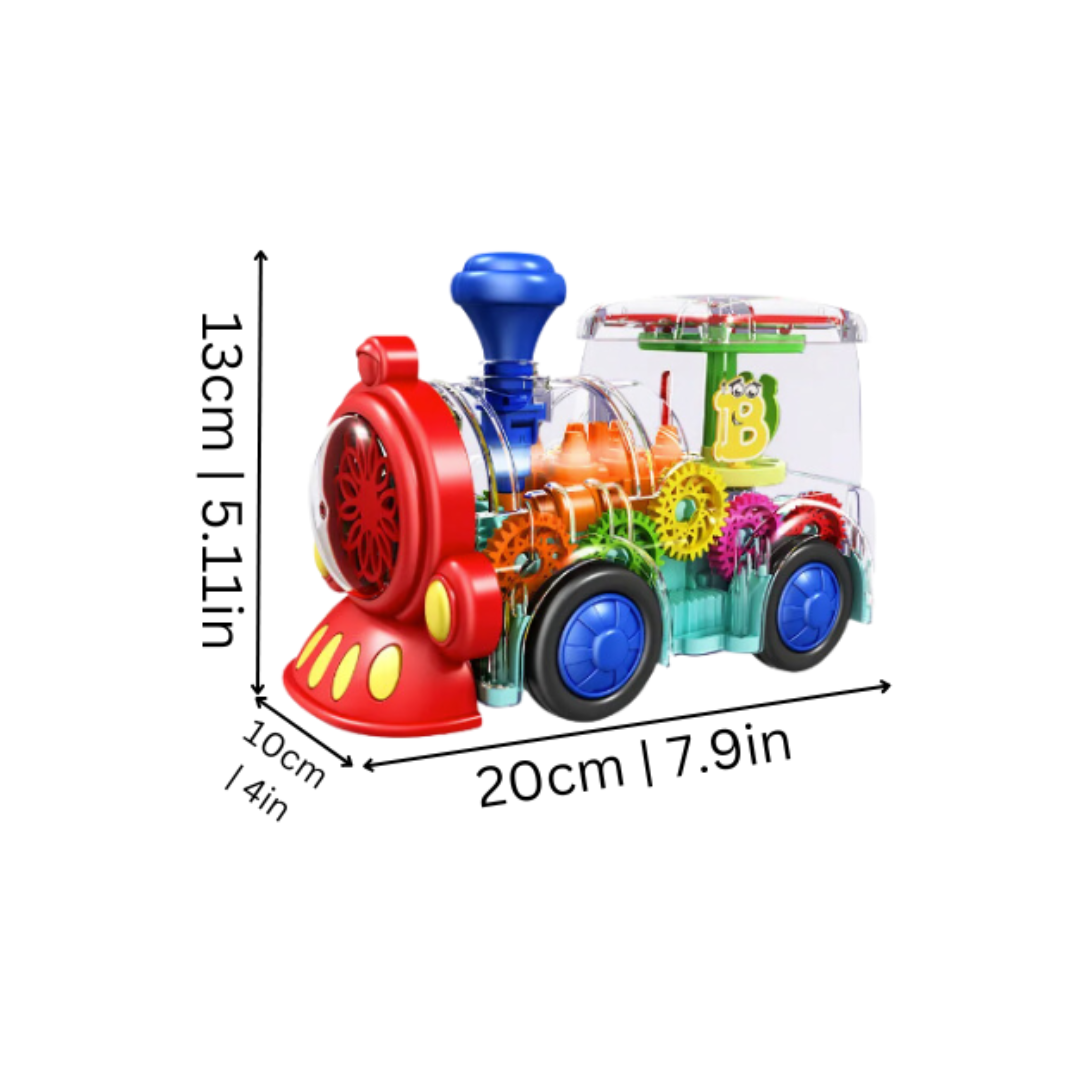 Bunter Spielzeugzug mit Zahnrädern, transparentem Gehäuse, 20cm lang, 13cm hoch.