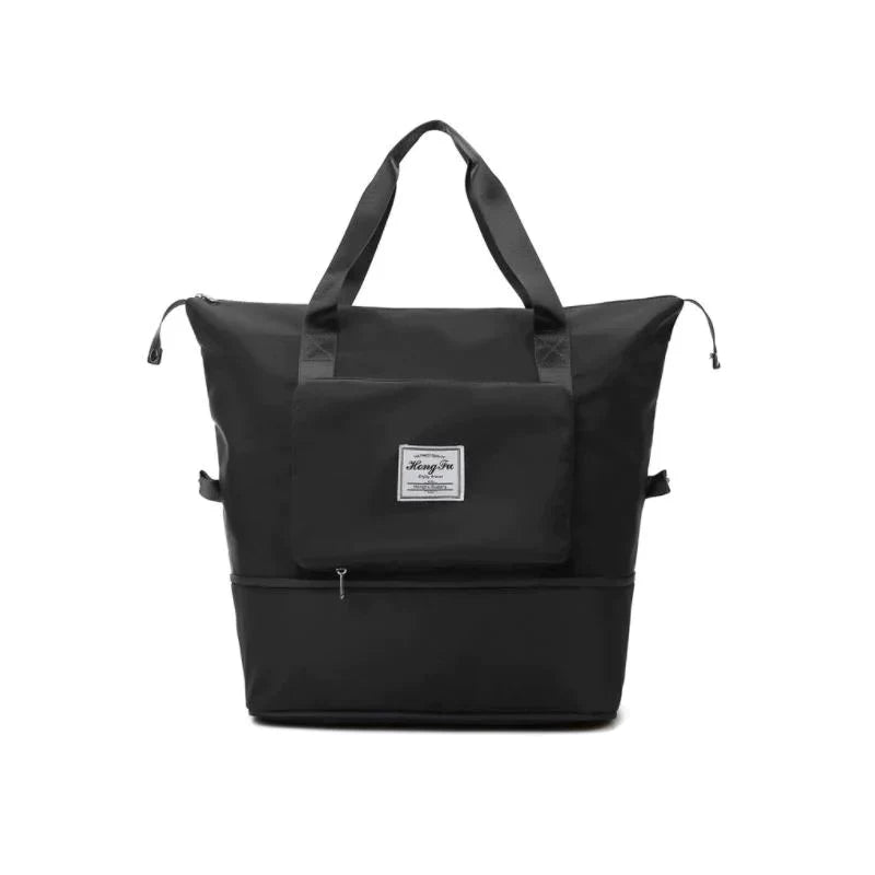 Schwarze, wasserdichte Reisetasche mit Reißverschluss und Tragegriffen, ideal für Reisen.