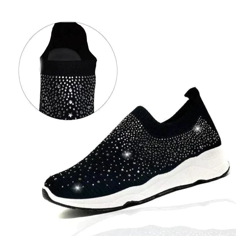 Schwarzer Damen-Sneaker mit Strasssteinen, rutschfeste Sohle, modisch, bequem.