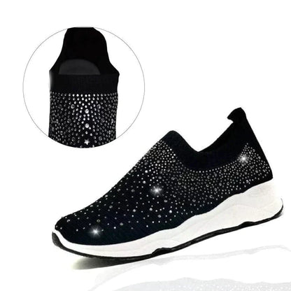 Schwarzer Damen-Sneaker mit Strasssteinen, rutschfeste Sohle, modisch, bequem.