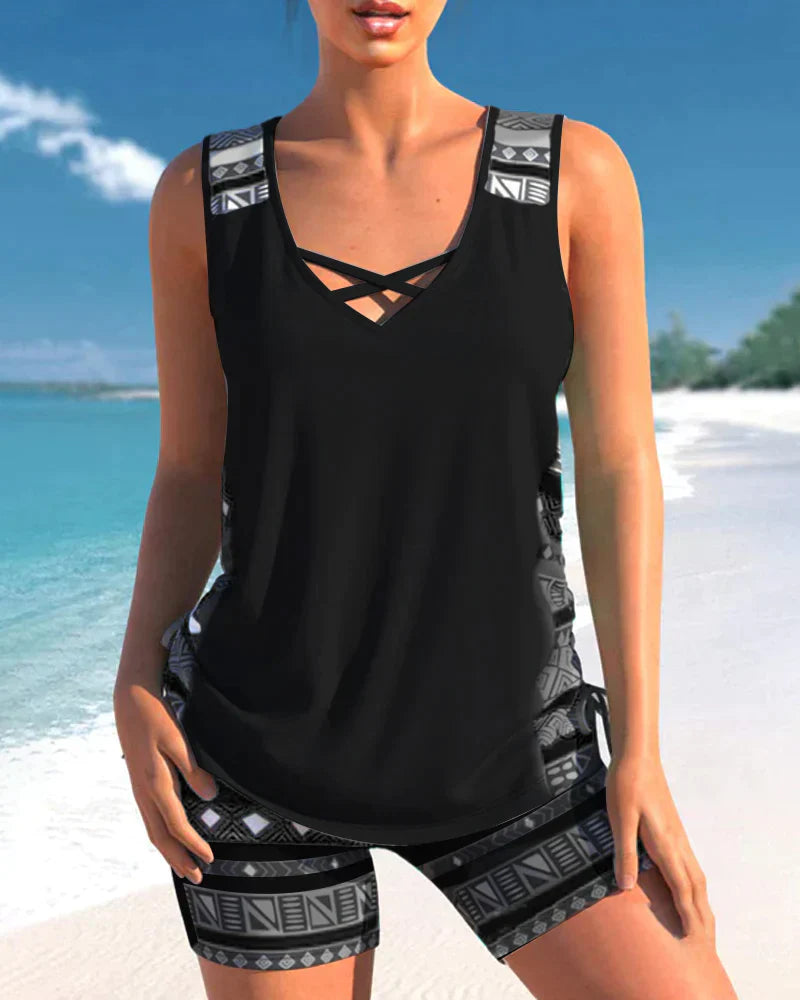 Trendig badmode med V-ringning och geometriskt mönster – Tankini-set Madonna