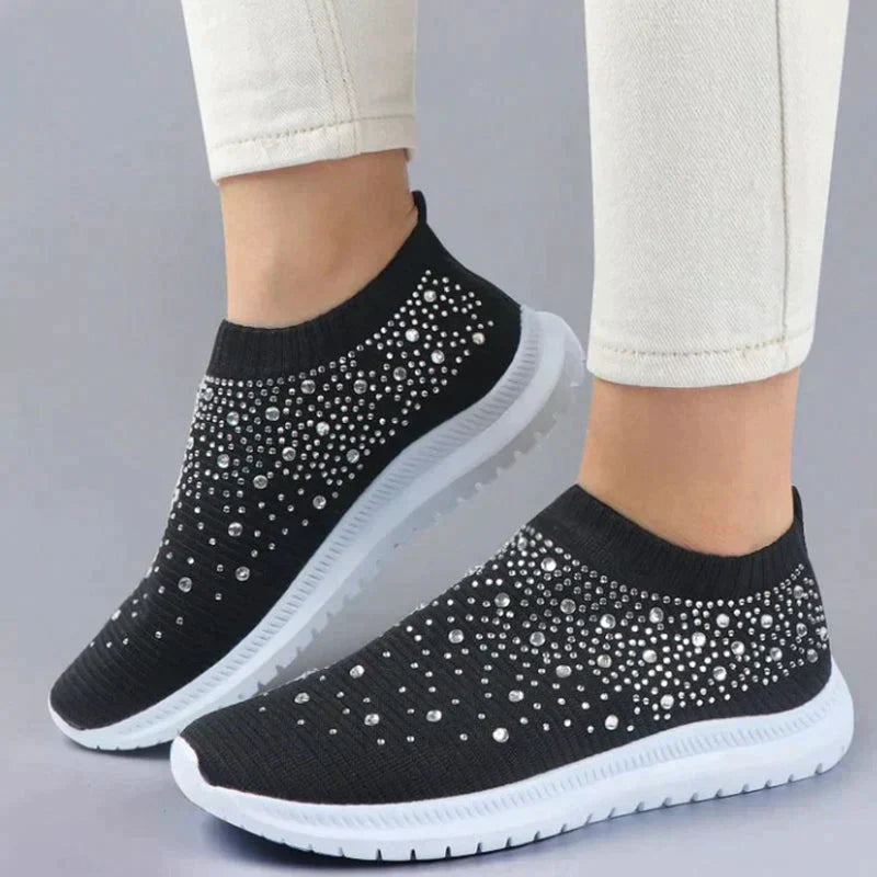 Schwarze Damen-Sneaker mit Strasssteinen, rutschfeste Sohle, modisch, bequem, Freizeit.