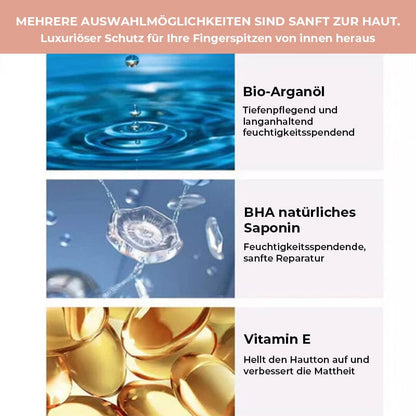 Tre ingredienser illustrerade med en vattendroppe, en transparent struktur och gyllene kapslar, med tysk text 4