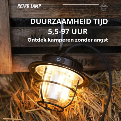 Retro-Lampe mit Käfigdesign, leuchtend auf Stroh, ideal für Camping, langlebig, schwarz.