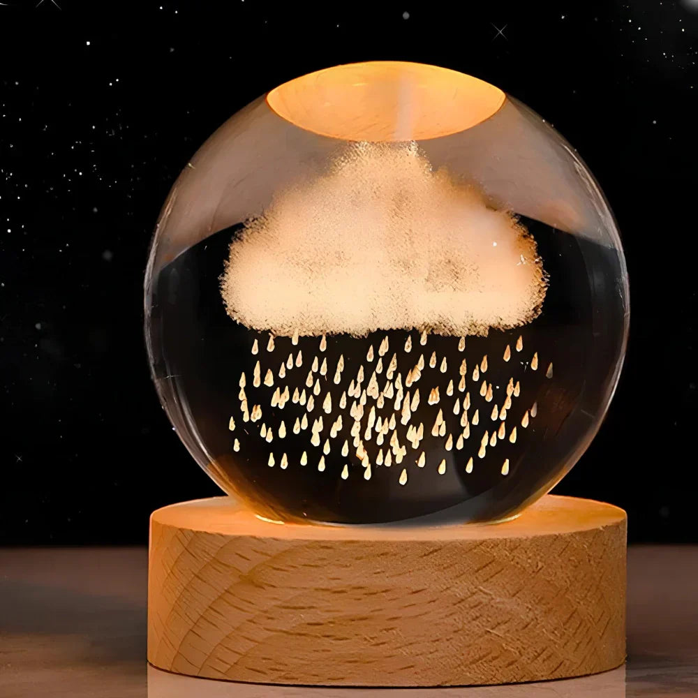 Kristallkugel mit Regenwolke, LED-Beleuchtung, Holzsockel, dekorative Tischlampe, Nachtlicht.