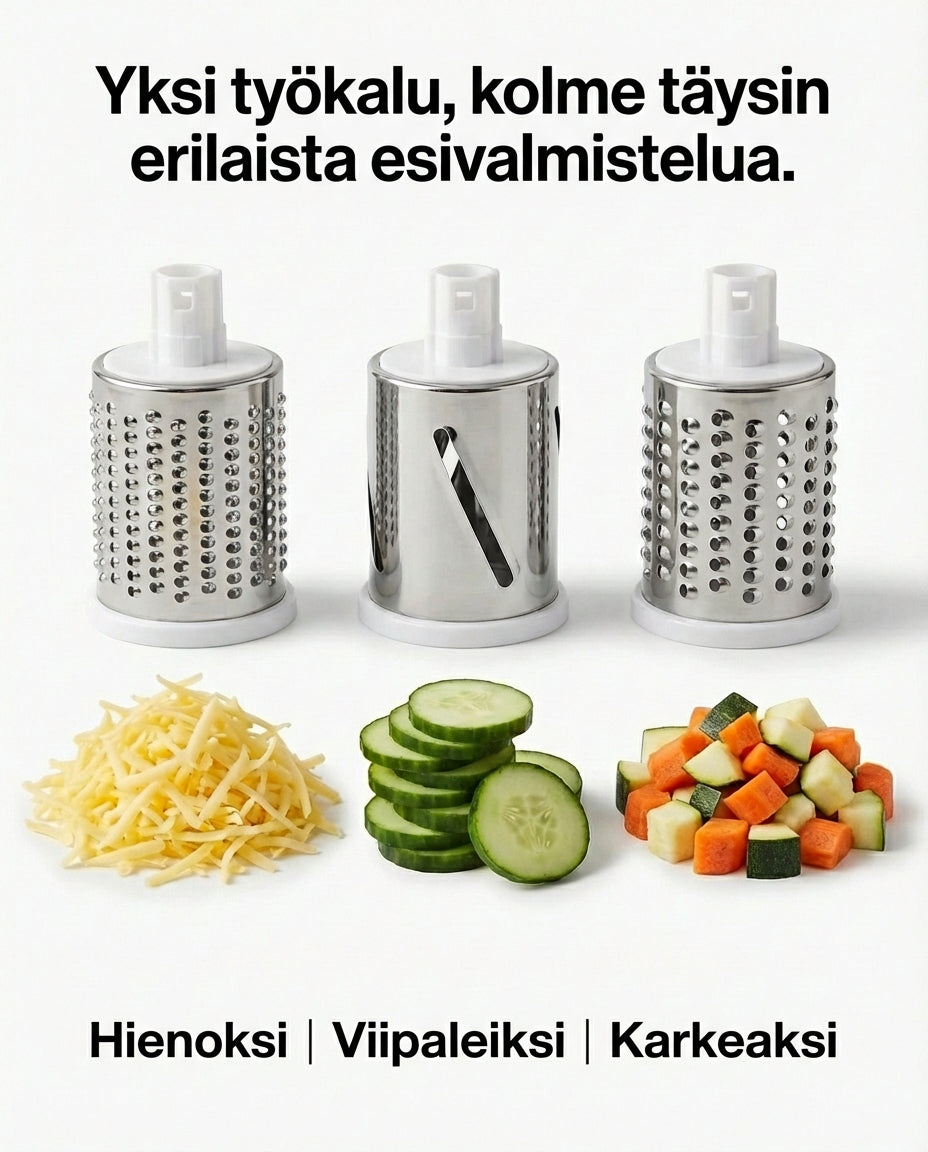 De tre utbytbara metalltrummorna uppställda på rad, med riven ost, skivad gurka och tärnade grönsaker under för att visa varje resultat. 6