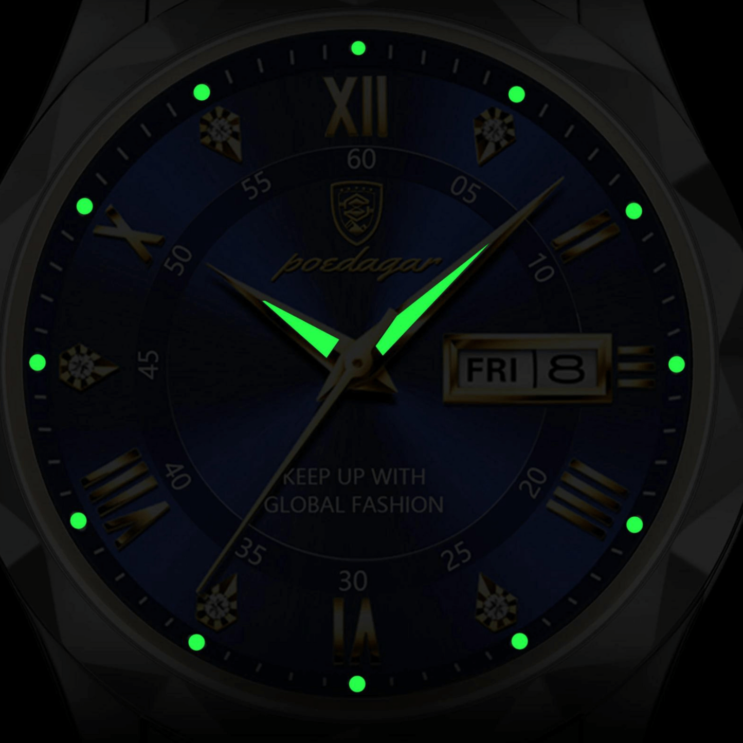 Luxus Herrenarmbanduhr, blaues Zifferblatt, leuchtende Zeiger, Datumsanzeige, römische Ziffern