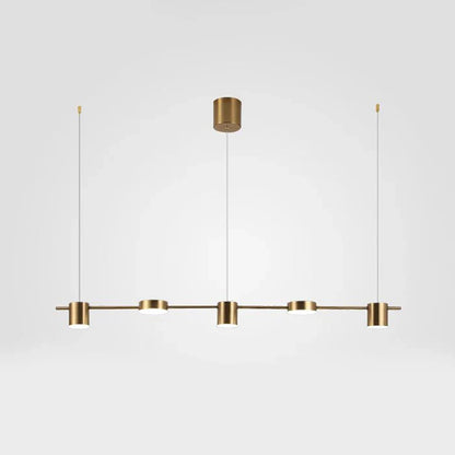 Moderne goldene Pendelleuchte mit vier runden Lampen, minimalistisch, für Esszimmerbeleuchtung.