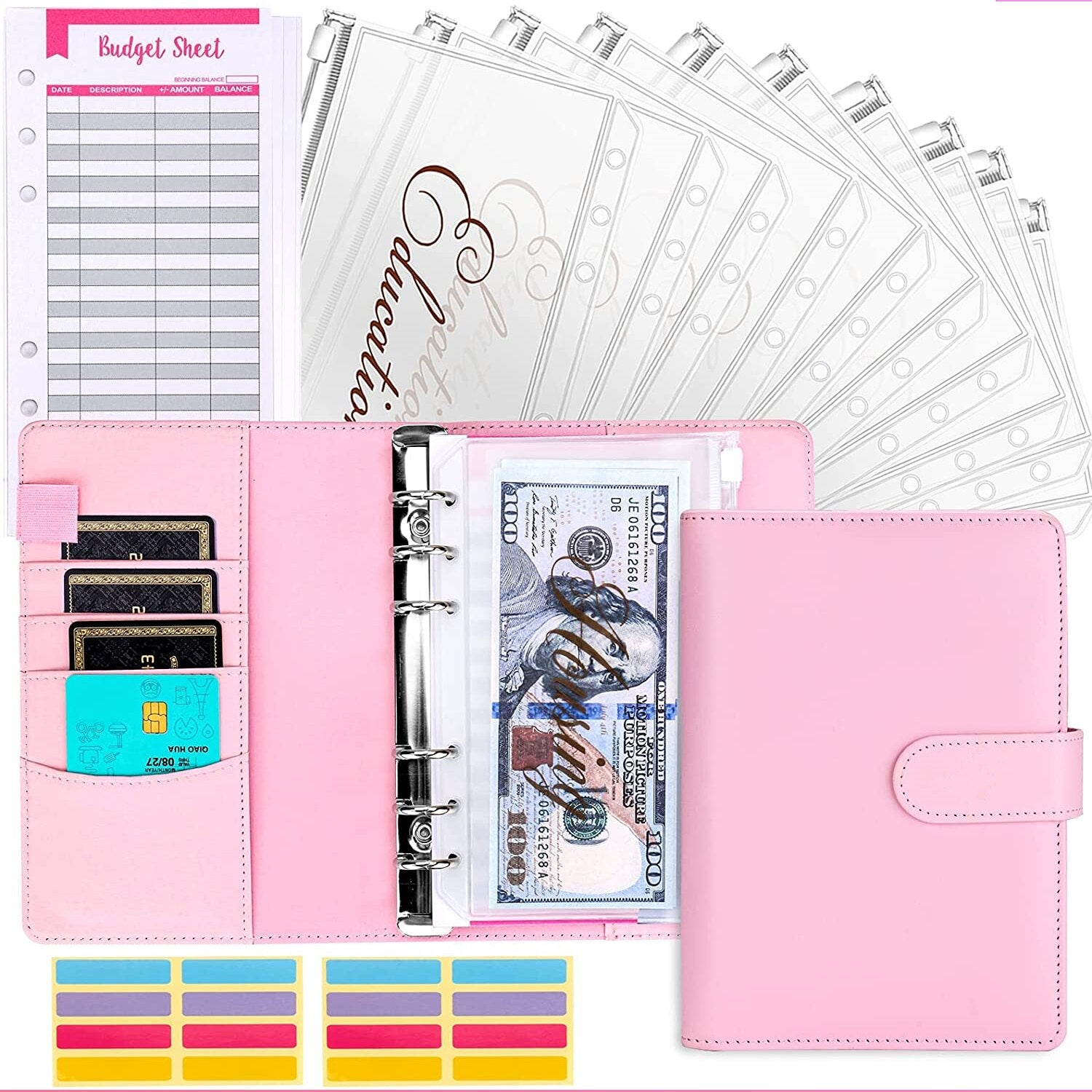 Rosa Budgetplaner-Mappe mit Geldumschlägen, Budgetblättern und Kartenfächern, Organizer-Set.