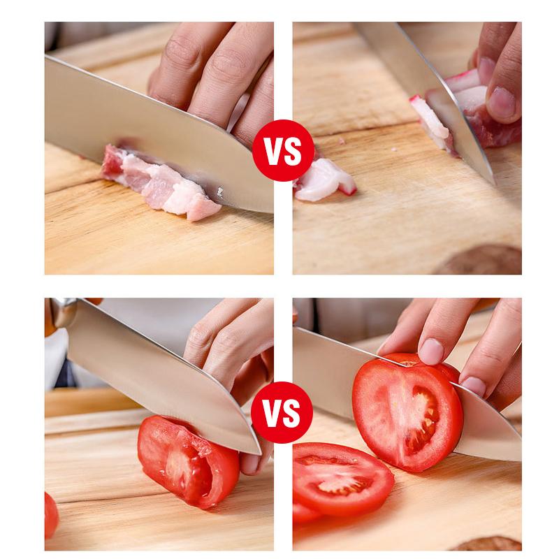Vier Bilder von Messern, die Fleisch und Tomaten auf Holzbrett schneiden, Vergleich.