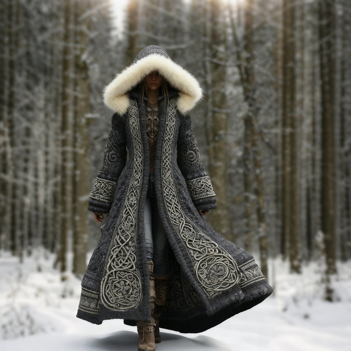 Mörkgrå version av kappan med pälskantad huva och broderi, buren av modell i snöig skog 5