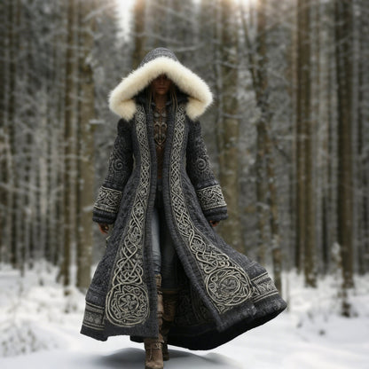 Mörkgrå version av kappan med pälskantad huva och broderi, buren av modell i snöig skog 5