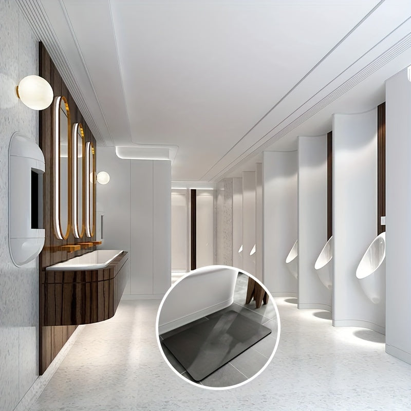 Moderne öffentliche Herrentoilette mit Urinalen und Waschbecken, elegantes Design, weiß und Holz.