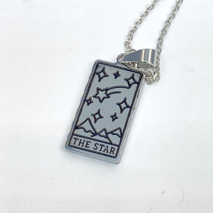 Silberne Tarot-Anhänger "The Star" mit Kette, Sternenmuster, Edelstahl, Schmuck für Damen.