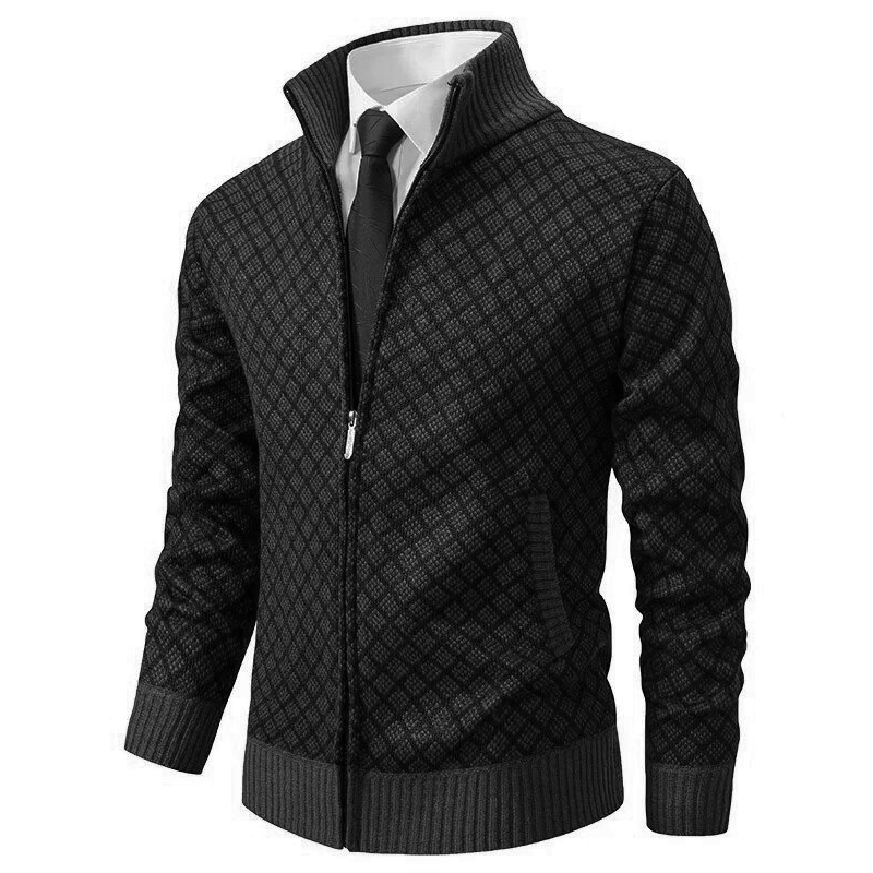 Schwarze Herrenjacke mit Reißverschluss, kariertes Muster, eleganter Stil, Anzughemd und Krawatte.