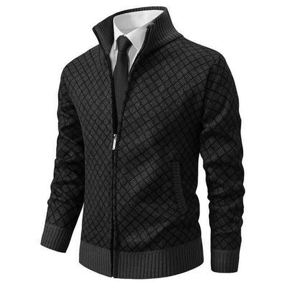 Schwarze Herrenjacke mit Reißverschluss, kariertes Muster, eleganter Stil, Anzughemd und Krawatte.