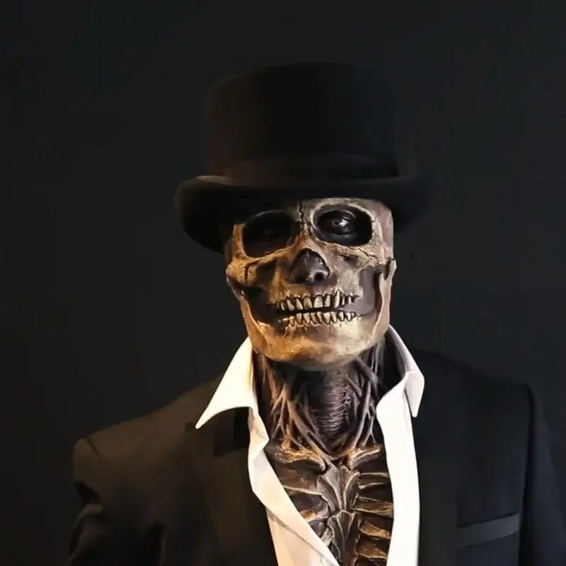 Skelett in Anzug und Zylinder, Halloween-Kostüm, gruselig, schwarzer Hintergrund